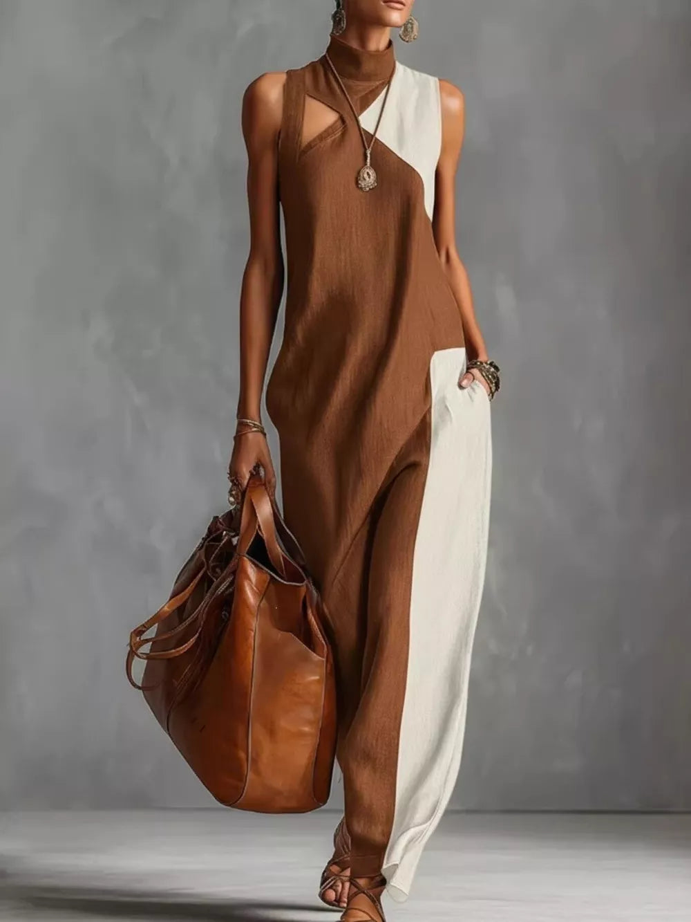 Color Block Mock Neck Sleeveless Maxi Dress Plus Size in Dark Gray, model styling view
