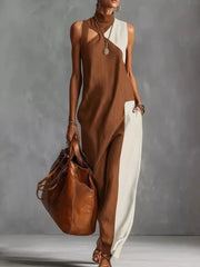 Color Block Mock Neck Sleeveless Maxi Dress Plus Size in Dark Gray, model styling view
