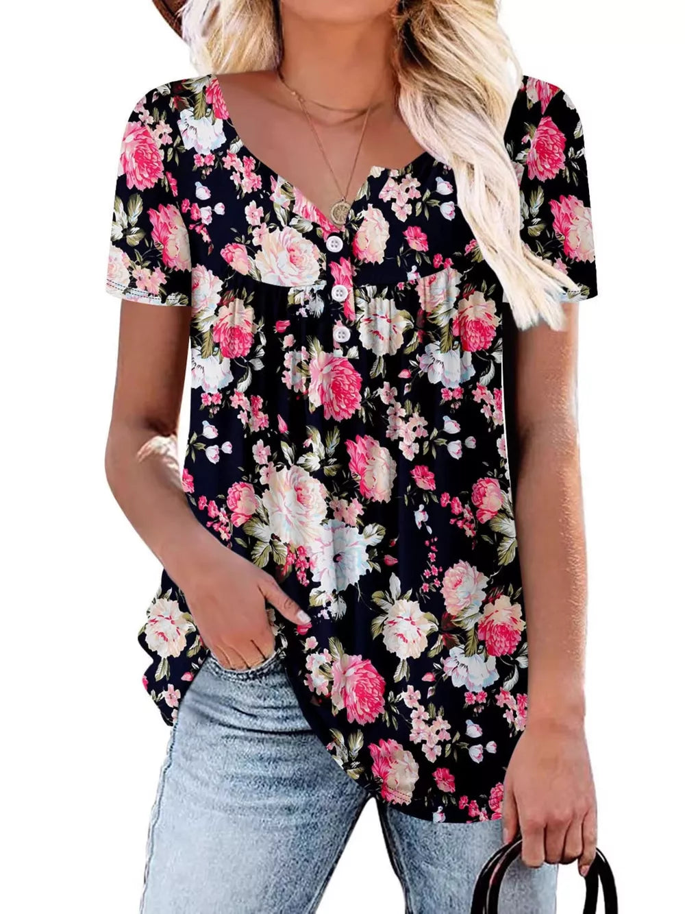 Black floral ruched v-neck t-shirt with button detail and short sleeves