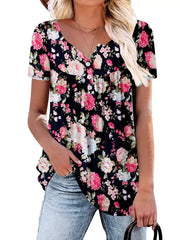 Black floral ruched v-neck t-shirt with button detail and short sleeves