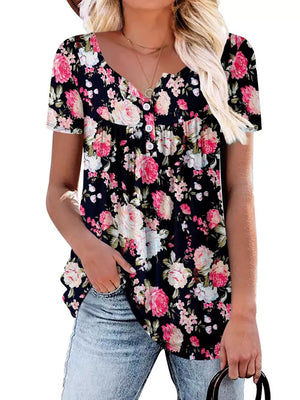 Black floral ruched v-neck t-shirt with button detail and short sleeves