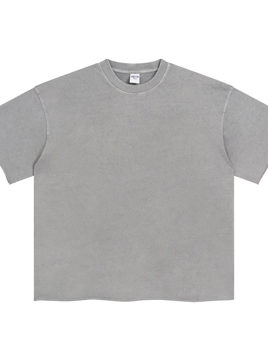 Gray boxy tee with raw hem and relaxed fit