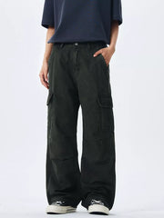 Men's black forest 100% cotton wide-leg cargo pants with multiple pockets.