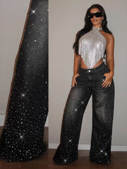 Rhinestone-embellished High-waist Jeans