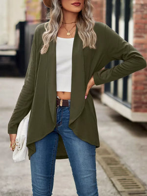 Orange cardigan with hip-length and open-front
