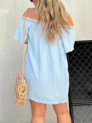 Light blue denim off-shoulder dress with frayed hem and sleeves.