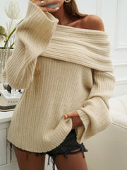 Beige ribbed knit off-the-shoulder sweater with wide sleeves and a relaxed cocoon fit.