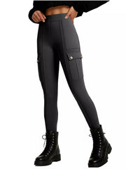Gray high-waisted active pants with cargo pockets and button details.