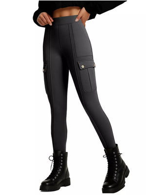 Gray high-waisted active pants with cargo pockets and button details.