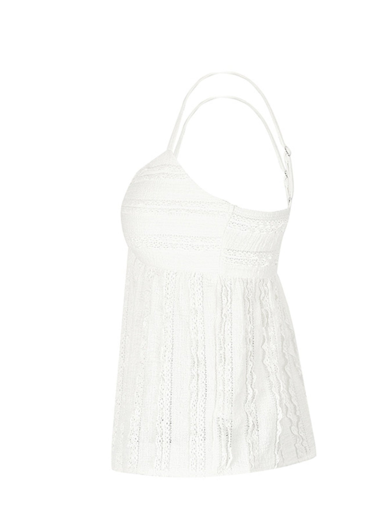 White lace cami top with sweetheart neckline and textured detail.