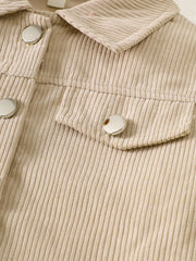 Tan corduroy button-up jacket with silver buttons and chest pockets.