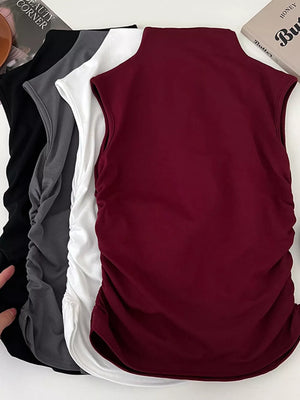 Textured ruching mock neck tank top in wine red, white, dark gray, and black.