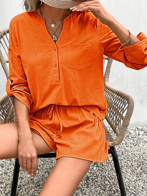 Orange linen henley shirt with pocket and drawstring shorts set