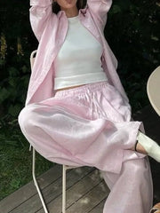 Button Up Shirt And Drawstring Pants Set in Apricot, alternate angle