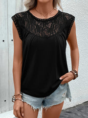 Black cap sleeve blouse with lace yoke detail and round neckline