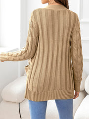 Camel knit cardigan with cable sleeves and ribbed texture.