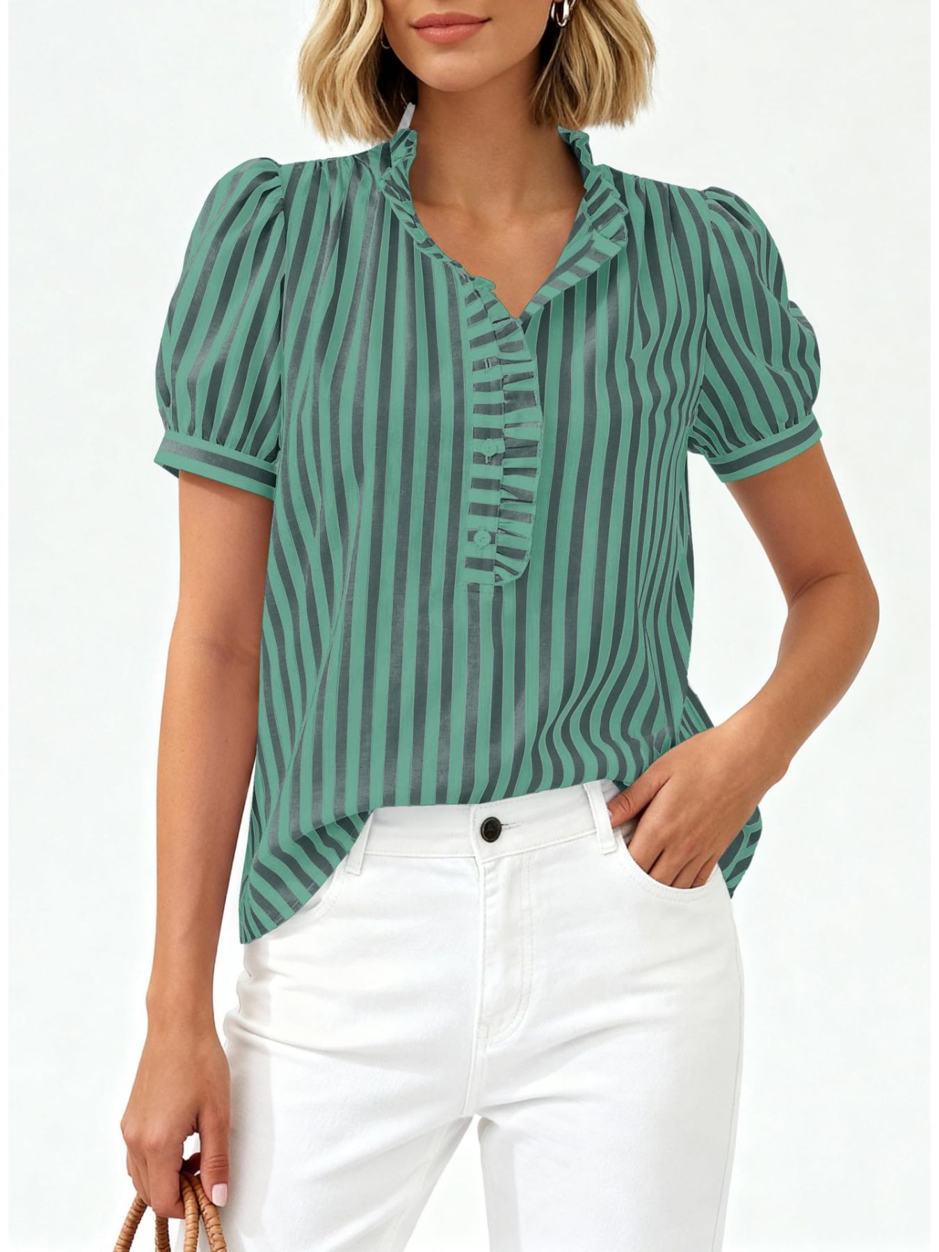 Ruffled puff sleeve blouse in light green with dark green stripes, button-down front, and ruffled neckline.