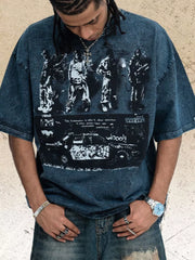 Men's distressed dark gray cotton crew neck t-shirt with graphic print.