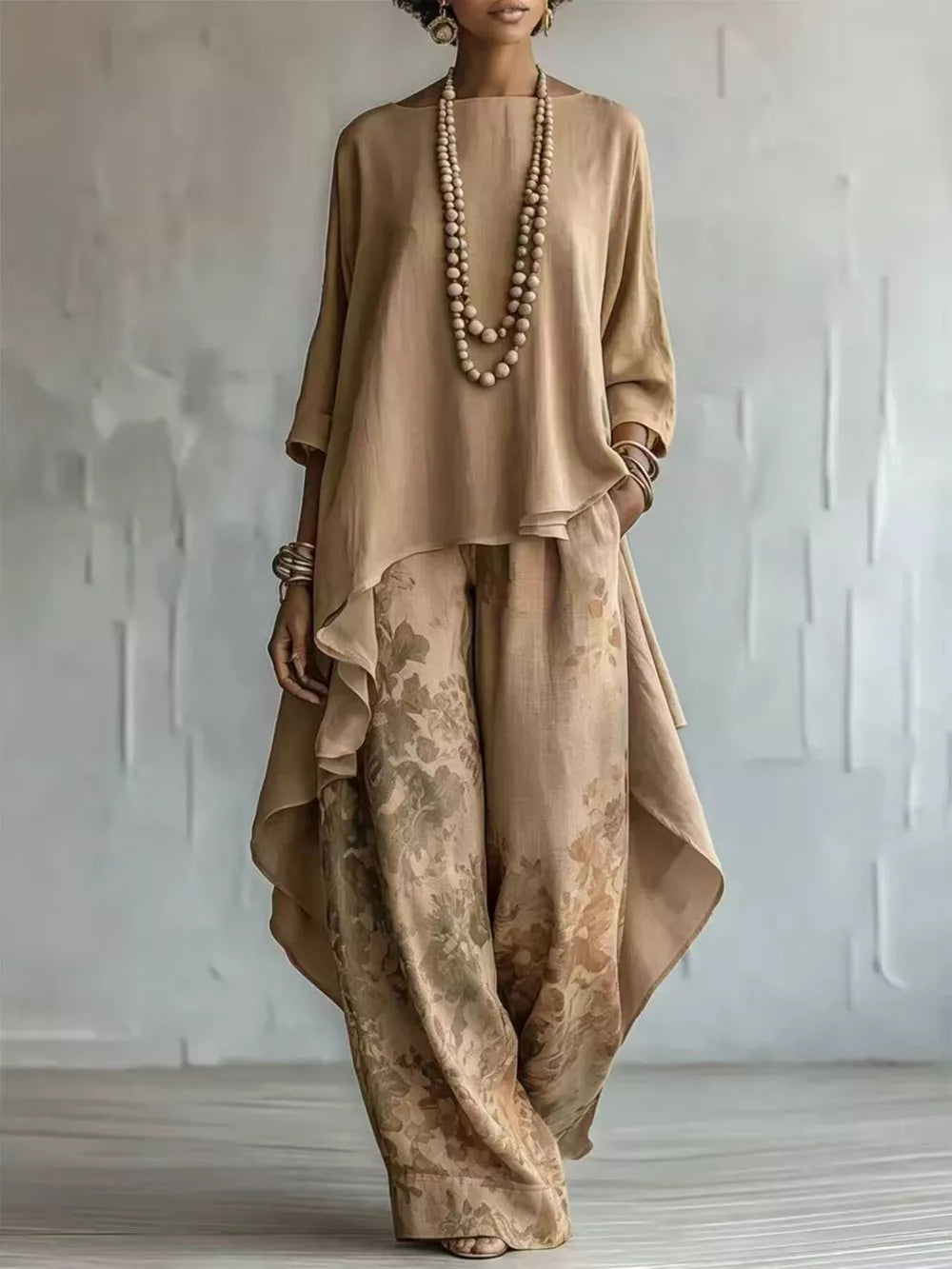 Asymmetrical Hem Top And Floral Pants Set, back view