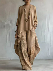 Asymmetrical Hem Top And Floral Pants Set, back view