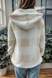 Sherpa buffalo check zip-up jacket with hood in cream and tan.