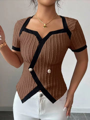 Brown t-shirt with contrast trim, square neckline, short sleeves, and button detail.