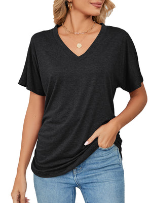 Relaxed V-neck short sleeve t-shirt in dark grey with a draping fit.