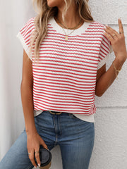 Horizontal stripe knit shell top with crew neck and short sleeves in red and white.