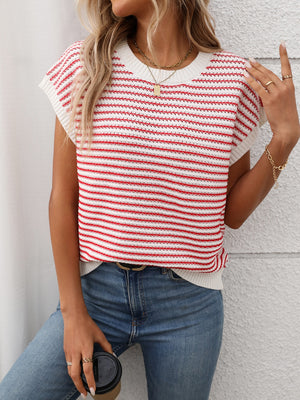 Horizontal stripe knit shell top with crew neck and short sleeves in red and white.