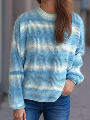 Sky blue ombre stripe fluffy knit crewneck jumper with textured details.