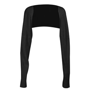 Black ribbed knit sleeve shrug with long sleeves and a cropped bolero style.