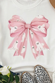 White crewneck sweatshirt with a pink bow graphic featuring ghost designs and lace trim.
