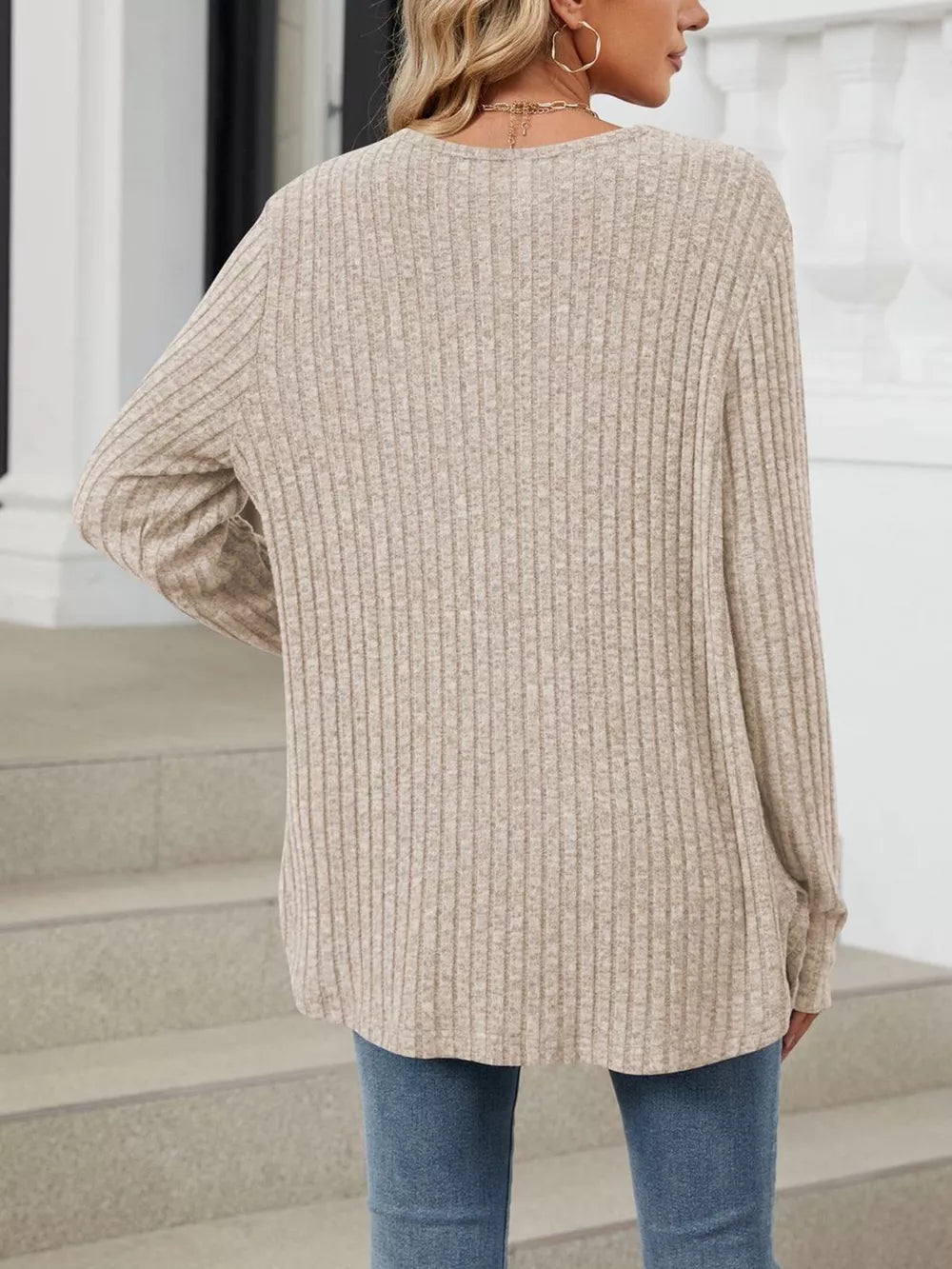 Ribbed Button-up Cardigan in Dusty Blue with buttoned