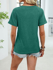 Dark Green ruched V-neck short sleeve t-shirt with elastane, cuffed sleeves.