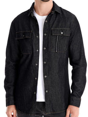 Black denim utility shirt with zip pocket and buttoned chest pockets.