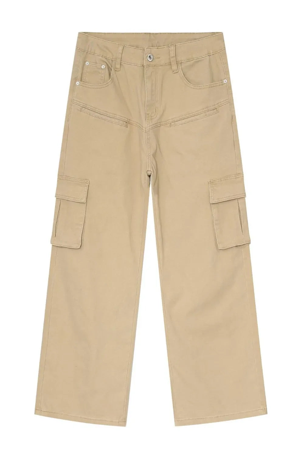 Khaki wide-leg utility cargo pants with multiple pockets and a relaxed fit.