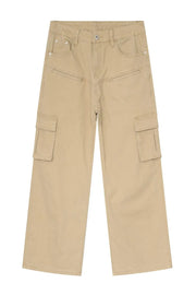 Khaki wide-leg utility cargo pants with multiple pockets and a relaxed fit.