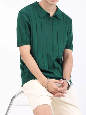 Men's green ribbed knit polo shirt with vertical stripes and short sleeves.
