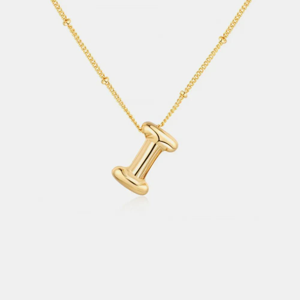 Gold balloon-style initial I pendant necklace with beaded chain