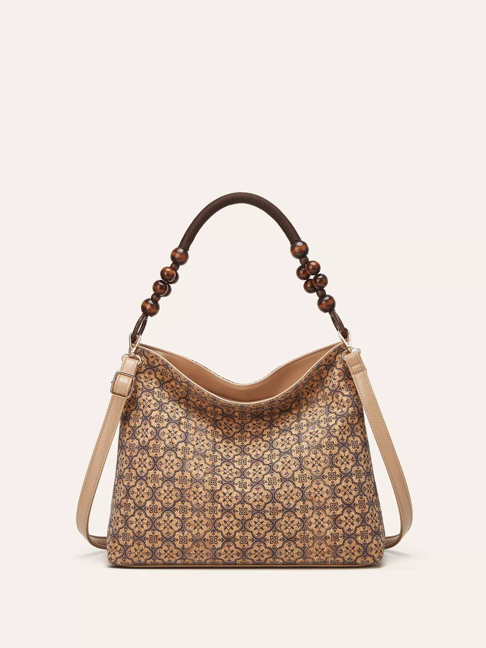 Vibrant Bohemian Hobo Tote in wheat color with geometric pattern and beaded handle