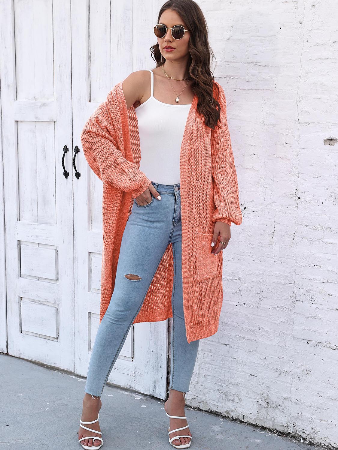 Ribbed knit maxi cardigan in Sherbet with pockets and balloon sleeves.