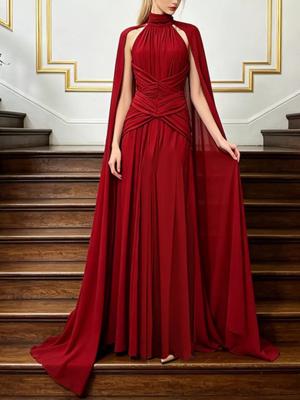 Ruched Halter Neck Cape Maxi Dress in Red, front view