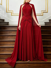 Ruched Halter Neck Cape Maxi Dress in Red, front view