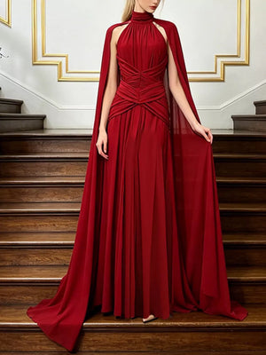 Ruched Halter Neck Cape Maxi Dress in Red, front view