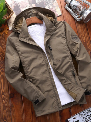 Men's Khaki hooded jacket with full zip and multiple zippered pockets.