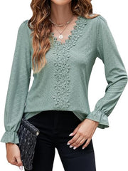 Sage floral embroidered eyelet blouse with ruffle cuffs and V-neck