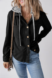 Black corduroy shirt jacket with contrast gray hood and button front.