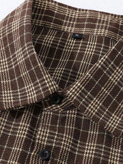 Classic oversized plaid button-front shirt in chocolate brown with white accents.