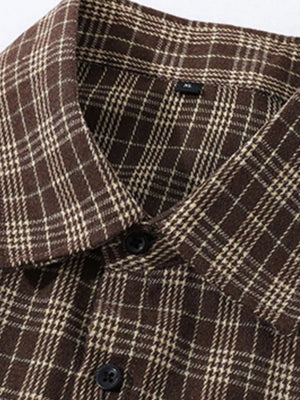 Classic oversized plaid button-front shirt in chocolate brown with white accents.