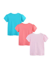 Three baby girls' cotton t-shirts: one turquoise, one coral, and one white with pink leaf pattern.